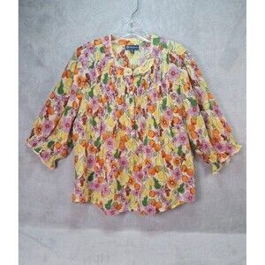 Democracy Blouse PXL Cotton Fruity Floral Colorful 5 Button Pintuck Tropical